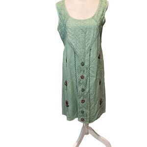 Henna Green Embroidered Sleeveless Shift Dress Waist Tie Size Medium